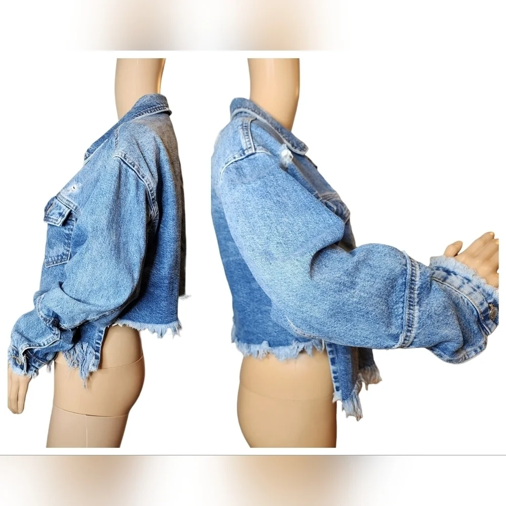 Zara Freyed Hem Distressed Denim Blue Jean‎ Jacket Size Small Hi-Low Crop